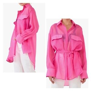 Grey Lab Size XS Hot Pink Sheer Belted Oversized Overshirt Blouse NWT $80